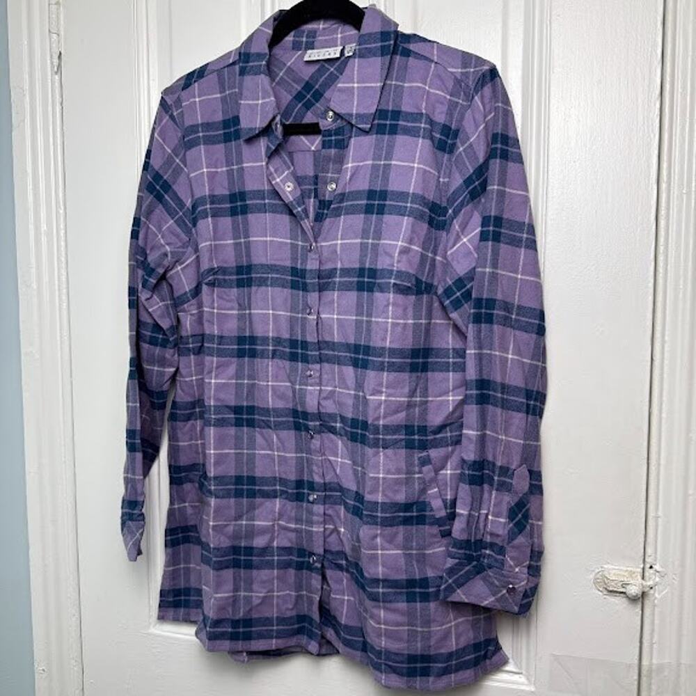 Joan Rivers Cotton Plaid Flannel Snap Front Shirt Womens Small Purple Button Up